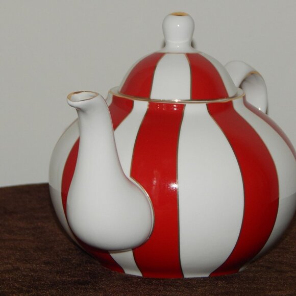 GRACE TEAWARE Fine Porcelain Teapot Holiday Carousel Red White Gold Stripes New - Picture 5 of 9